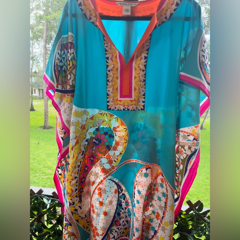 Trina Turk Silk Beach Swim Coverup Orange And Teal